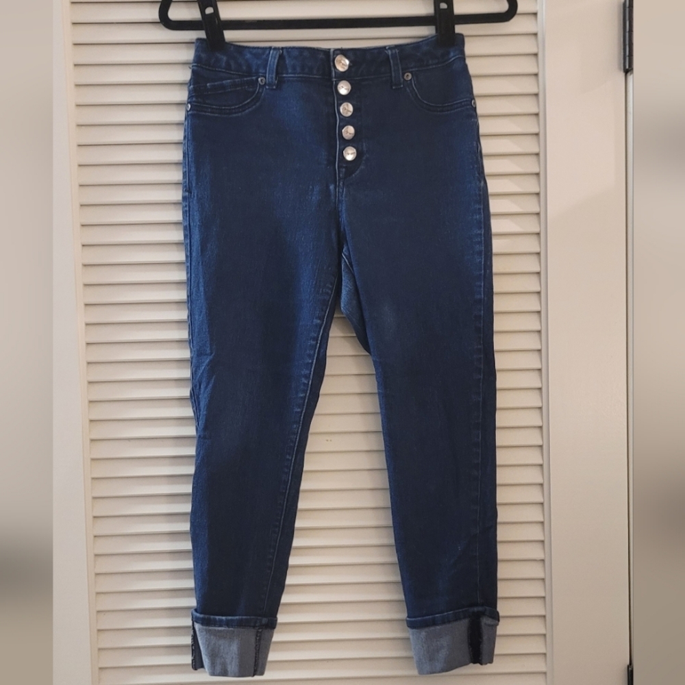 Blue Denim Cropped Button Fly Jeans
